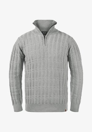 Light gray zipped sweater with cable knit texture, ribbed cuffs, and hem. Features a stand-up collar and a small brand tag at the bottom left.