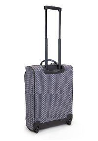 Rolling suitcase with a geometric blue and white pattern, black edges, a retractable handle, and two wheels for mobility.