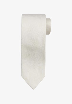 Witte das met een paisleypatroon, geweven stof, taps toelopende punt en opgerolde rand. Gladde oppervlakte met ingewikkelde detaillering.