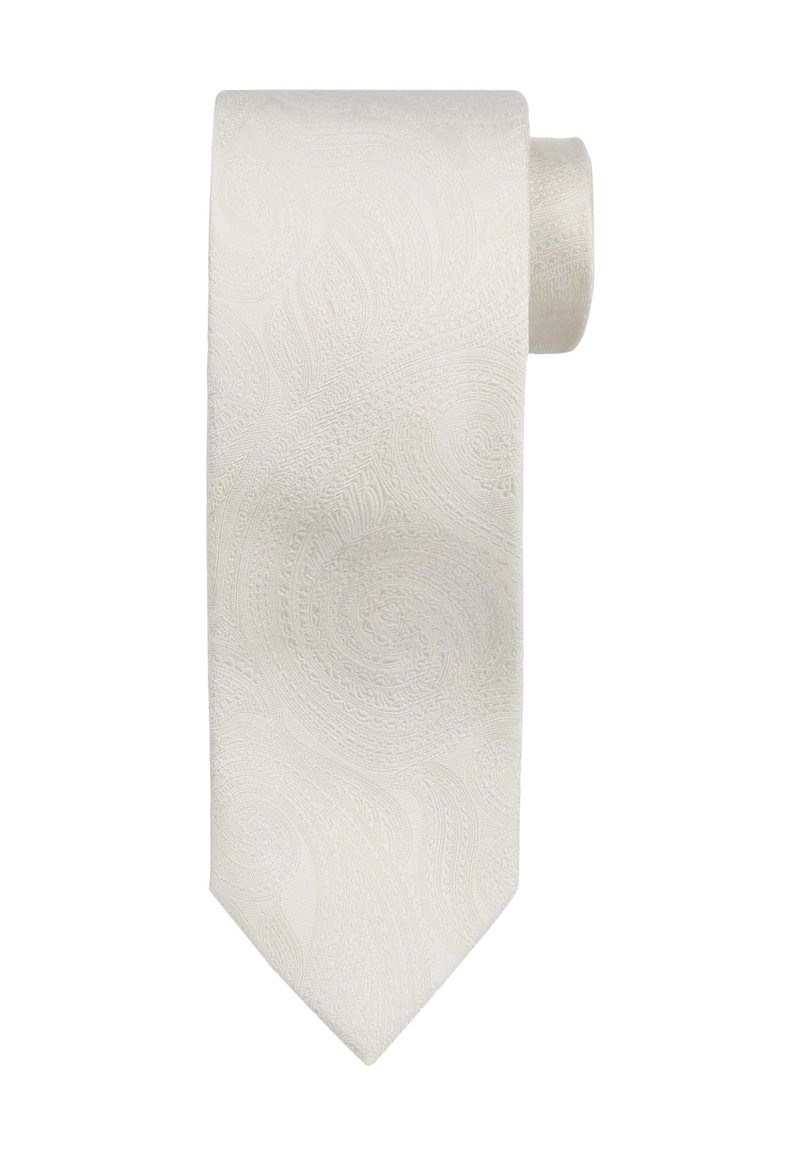 Witte das met een paisleypatroon, geweven stof, taps toelopende punt en opgerolde rand. Gladde oppervlakte met ingewikkelde detaillering.