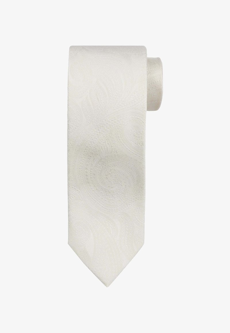 Witte das met een paisleypatroon, geweven stof, taps toelopende punt en opgerolde rand. Gladde oppervlakte met ingewikkelde detaillering.