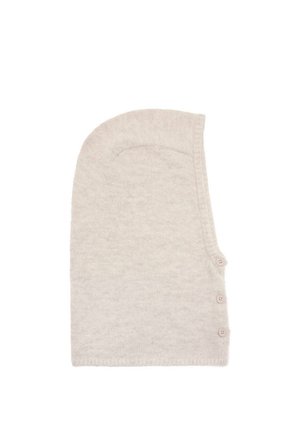 Capuche tricotée beige clair avec trois petits boutons le long d'une ouverture latérale, présentée à plat sur fond blanc.