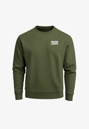 Olive green sweatshirt with a crew neckline and ribbed cuffs. Front features a white printed logo "NEVER LESS®" on the upper left side.