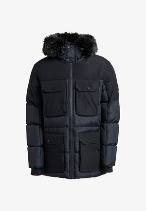 Giacca a vento nera con cappuccio in pelliccia sintetica, due tasche sul petto, due tasche inferiori e polsini elastici. Texture liscia, isolamento caldo.