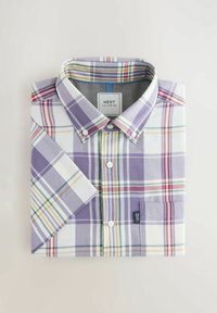 Voltavat lühikeste varrukatega nööpidega särk, millel on lilla, valge, punane, kollane ja roheline ruuduline muster ning rinnatasku.