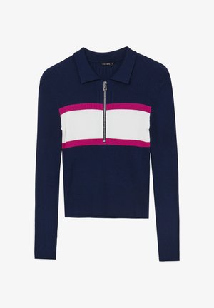 Navy gestreiftes Langarm-Polo-Shirt mit Viertel-Reißverschluss, das rosa und weiße horizontale Streifen über der Brust hat.
