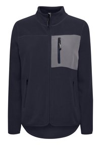 Navy fleece jacket with a gray chest pocket. Features a full zipper, stand-up collar, and two side pockets. Soft texture, casual design.