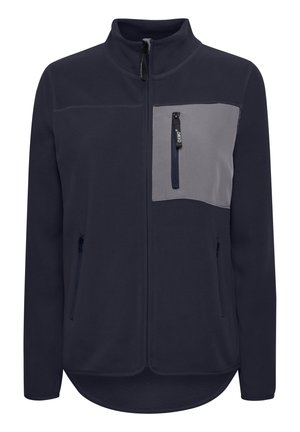 Marineblå fleecejakke med en grå brystlomme. Har full glidelås, stående krage og to sidelommer. Myk tekstur, uformelt design.
