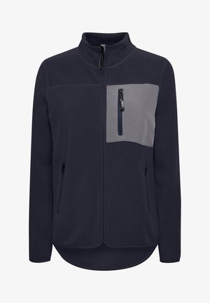 Marine fleece jack met een grijze borstzak. Voorzien van een volledige ritssluiting, staande kraag en twee zijzakken. Zachte textuur, casual ontwerp.
