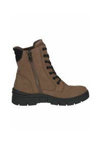 Barna velúr bokacsizma texturált felülettel, fekete fűzővel, oldalsó cipzárral és vastag fekete gumitalppal a jobb tapadás és támogatás érdekében.