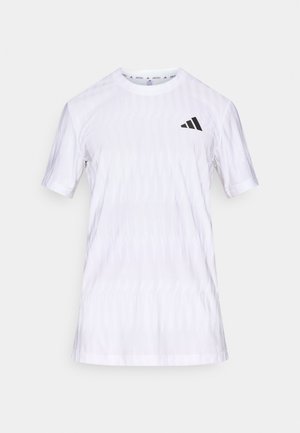 White short-sleeve t-shirt with a textured design. Features a black triangular logo on the upper left chest area. Soft material, crew neckline.