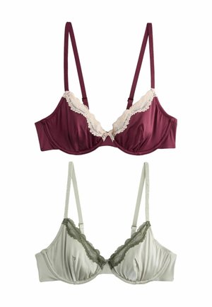 To bh'er: en bordeaux satin bh med creme farvet blondedekor og en lys grøn satin bh med olivengrønne blonde detaljer. Justerbare stropper og en glat finish.