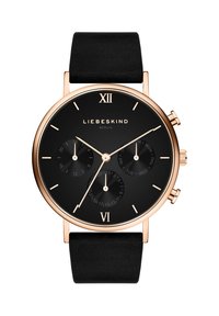 Schwarze Uhr mit rundem Zifferblatt, roségoldenen Elementen und schwarzem Lederarmband. Sie verfügt über ein schwarzes Zifferblatt mit Stundenmarkierungen und Datumsanzeigen.