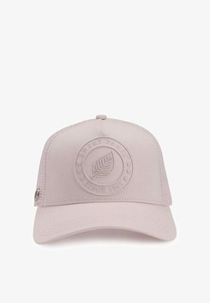 Casquette de baseball rose clair avec dos en maille et logo circulaire brodé représentant une feuille et le texte "Sweet Pants Since 1982".
