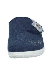Navy felt slipper with a rounded design, featuring a gray flower accent, silver button, and white rubber sole. Soft texture and embroidered detail.