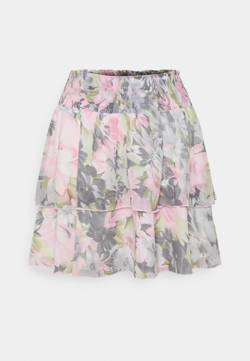 Jupe fleurie à volants avec taille élastique en tons doux de rose, gris et vert sur un tissu léger, présentée à plat sur un fond blanc.