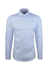Camicia a maniche lunghe azzurro chiaro con motivo a quadri scuri, frontale con bottoni e colletto standard.