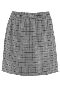 Minifalda gris con cinturilla elástica, que presenta un patrón a cuadros y una textura en la tela. Forma de A con un dobladillo que cae por encima de la rodilla.
