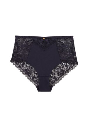 Shorts en dentelle bleu marine taille haute avec des détails en dentelle sur les côtés et à l'arrière, un panneau avant lisse et des bords en dentelle festonnés.