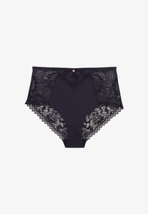 Shorts en dentelle bleu marine taille haute avec des détails en dentelle sur les côtés et à l'arrière, un panneau avant lisse et des bords en dentelle festonnés.