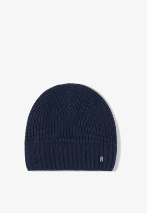 Granatowa dziana czapka beanie o prążkowanej strukturze i małym metalowym logo. Posiada zaokrągloną górę i dopasowany krój.