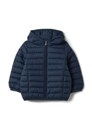 Donkerblauwe gewatteerde peuterjas met capuchon, rits aan de voorkant, elastische manchetten en ritszakken aan de zijkanten op een witte achtergrond.