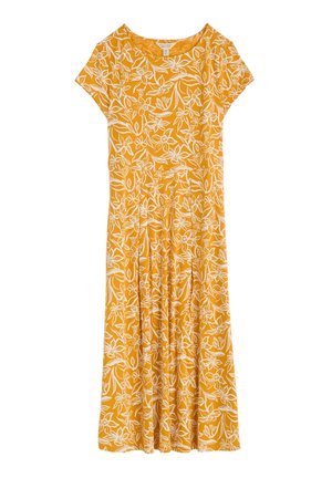 Żółta sukienka midi z krótkim rękawem, białym kwiatowym wzorem i okrągłym dekoltem, przedstawiona na płasko na białym tle.