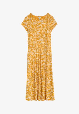 Robe midi jaune à manches courtes avec un motif floral blanc et un col rond, présentée à plat sur un fond blanc.