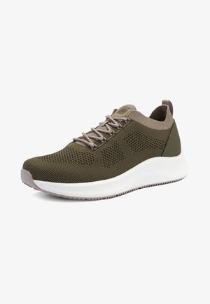Olive green athletic shoe with a breathable mesh upper, beige accents, and a white, textured rubber outsole. Features a lace-up design.