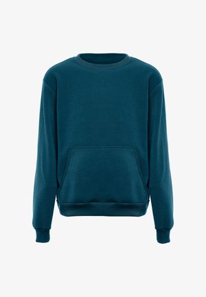 Türkiz crewneck pulóver, puha anyagból készült, elülső zsebével, bordázott mandzsettákkal és laza szabással. Egyszerű, tiszta kialakítás, díszítés nélkül.