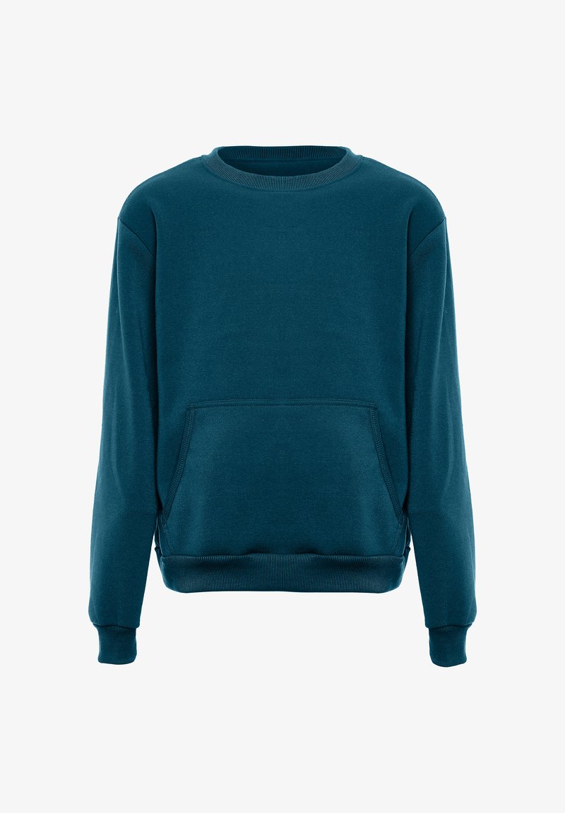 Felpa crewneck color teal realizzata in tessuto morbido, con tasca frontale, polsini a costine e vestibilità rilassata. Design semplice e pulito, senza decorazioni.
