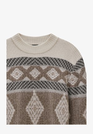 Knitted sweater with a round ribbed collar, featuring geometric diamond and houndstooth patterns in beige, brown, and grey tones.