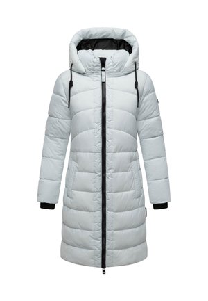 Hellgraue, gesteppte, lange Daunenjacke mit Kapuze, schwarzem Innenfutter, Frontreißverschluss und seitlichen Taschen, konzipiert für kaltes Wetter.