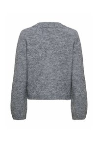 Pelēks īslaika džemperis, mīksta tekstūra, apaļa kakla izgriezuma, garām piedurknēm ar viegli uzpūstiem pleciem, minimālas detaļas.