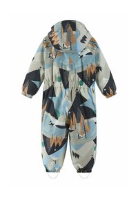 Bunter Kinderschneeanzug mit Kapuze, elastischen Bündchen und elastischem Bund. Das Design umfasst abstrakte Muster von Bäumen und Tieren.
