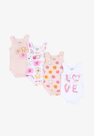 Quatre bodysuits pour bébés en coton doux : rose clair, blanc avec des imprimés d'animaux, et un avec des pois orange. Pressions en bas pour un changement facile.