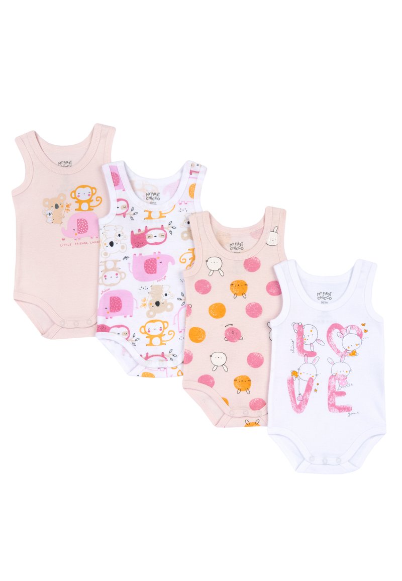 Quatre bodysuits pour bébés en coton doux : rose clair, blanc avec des imprimés d'animaux, et un avec des pois orange. Pressions en bas pour un changement facile.