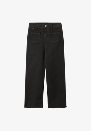 Black denim wide-leg pants with a frayed hem, featuring two back pockets and a front button closure. Smooth texture and sturdy construction.