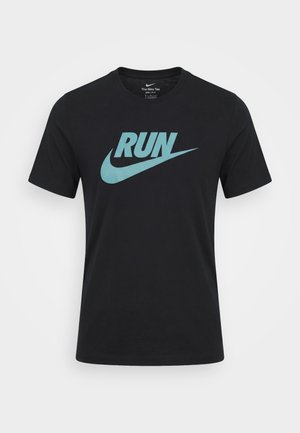 Tricou negru Nike Dri-FIT cu mânecă scurtă, cu text mare turcoaz "RUN" și logo swoosh centrat pe piept.