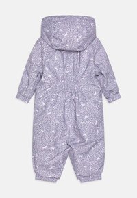 Purple patterned snowsuit with a hood, featuring a floral design. Elastic cuffs and waist, made from soft, weather-resistant material.