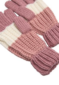 Guantes tejidos con un diseño de bloques de color rosa y crema. Hechos de hilo suave, con un puño acanalado y un acabado texturizado.