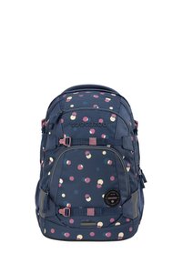 Navy backpack with multicolored polka dot pattern, featuring adjustable straps, a front pocket, and a circular logo patch. Durable fabric.