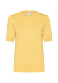 Žlutý svetr s krátkými nafouklými rukávy, žebrovaným límcem a spodním lemem, vyrobený z lehké pleteniny. Na etiketě je nápis "Saint."