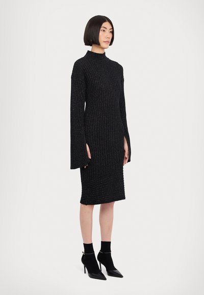 Rochie neagră cu dungi, cu gât înalt, mâneci lungi, fante laterale și un model texturat. Purată cu tocuri negre ascuțite.