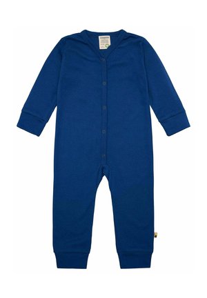 Body neonato azzurro a maniche lunghe realizzato in tessuto morbido, dotato di chiusura anteriore con bottoni a pressione e polsini a coste. Design minimalista senza motivi.