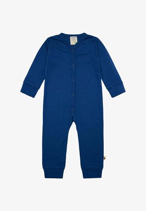 Langärmliger blauer Babystrampler aus weichem Stoff, mit Druckknopfverschluss vorne und gerippten Bündchen. Minimalistisches Design ohne Muster.
