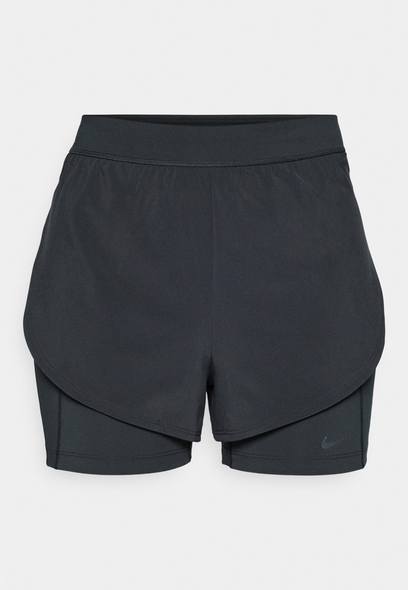 Black athletic shorts with a layered design, featuring a smooth outer layer and fitted inner shorts. Made of lightweight, stretch fabric.