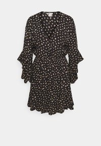 Schwarzes Kleid mit V-Ausschnitt, weit ausgestellten Ärmeln und floralem Muster in Pink und Gelb. Mit elastischem Bund und lockerer Passform.