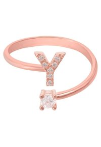 Rose gold ring featuring a letter 'Y' with clear gemstones and a central round gemstone, creating a delicate, modern design.