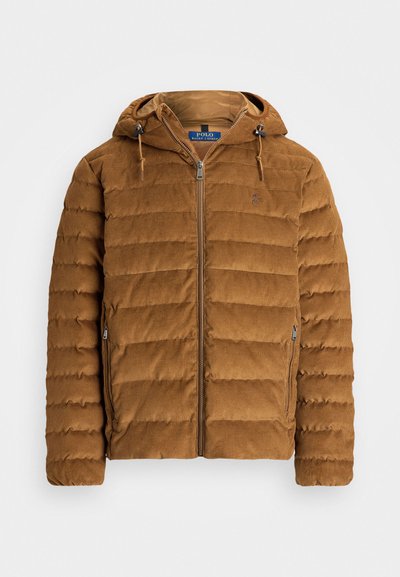 Brown quilted puffer jacket with a hood, featuring a front zipper and two side pockets. Made of soft fabric with a cord texture.